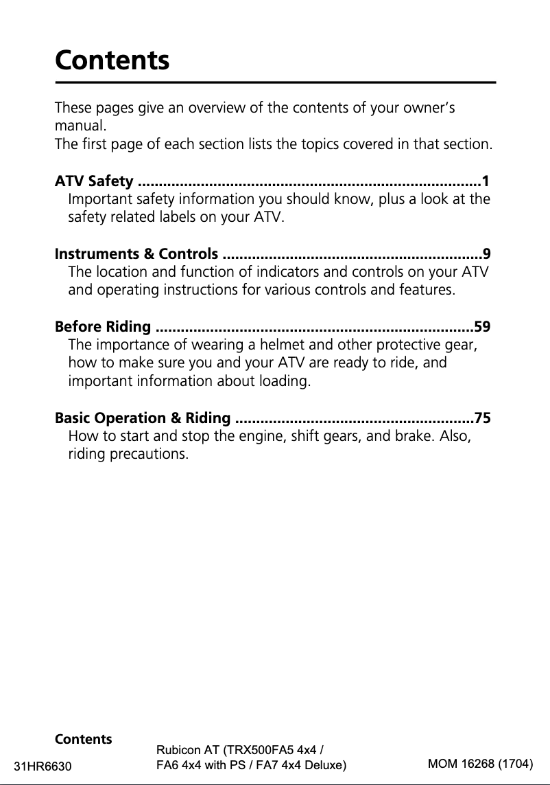 Page 1 de la notice Manuel utilisateur Honda FourTrax Foreman Rubicon TRX500FA5 (2018)