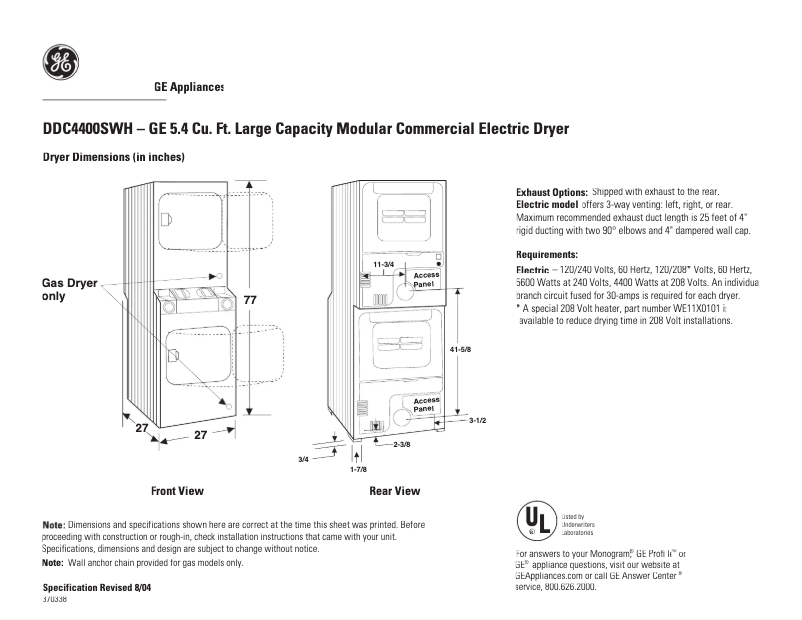 Page 1 de la notice Fiche technique GE DDC4400SWH