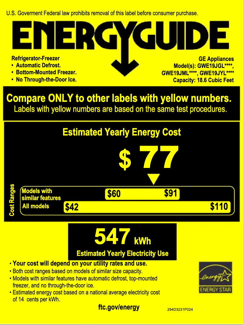 Page 1 de la notice Label énergétique GE GWE19JGLBB