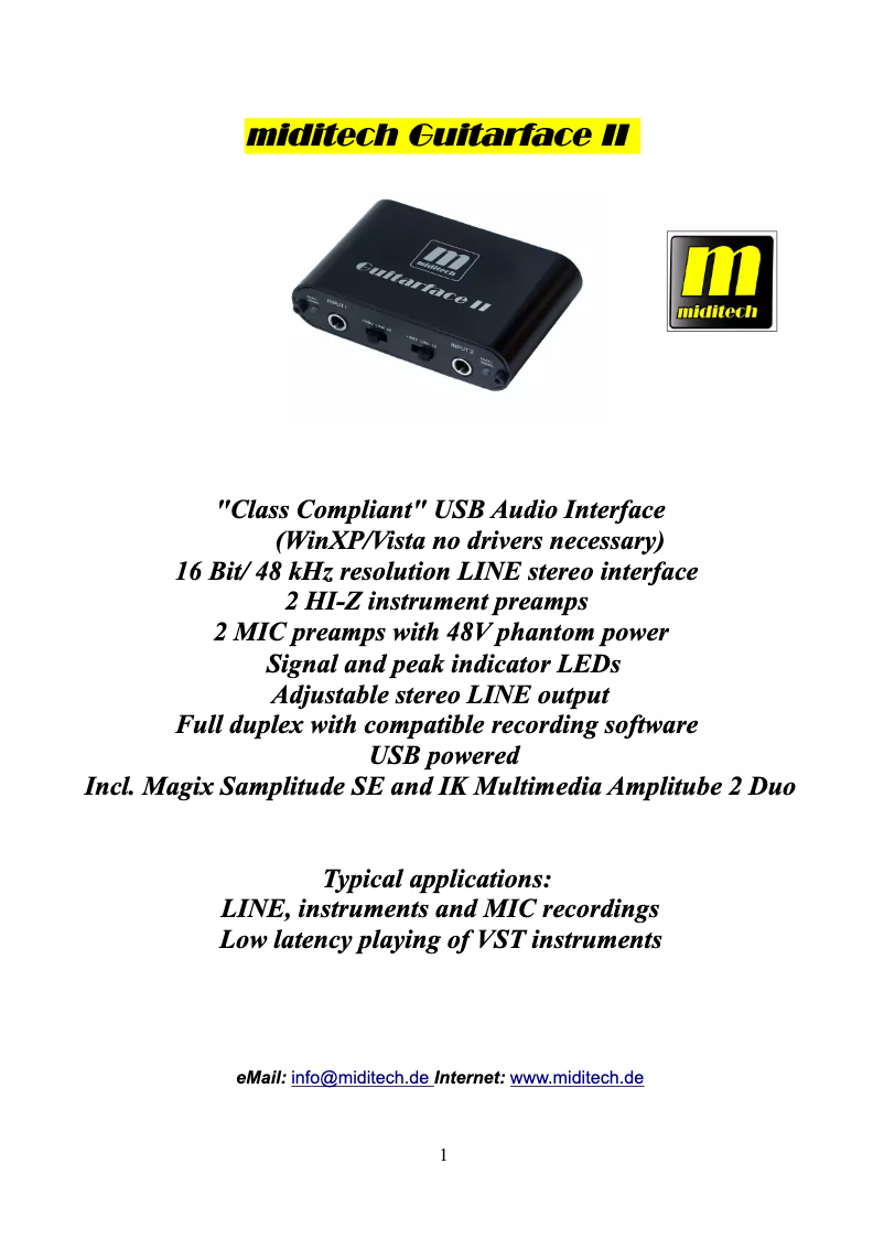 Page n°1 - Manuel utilisateur Miditech Guitarface II