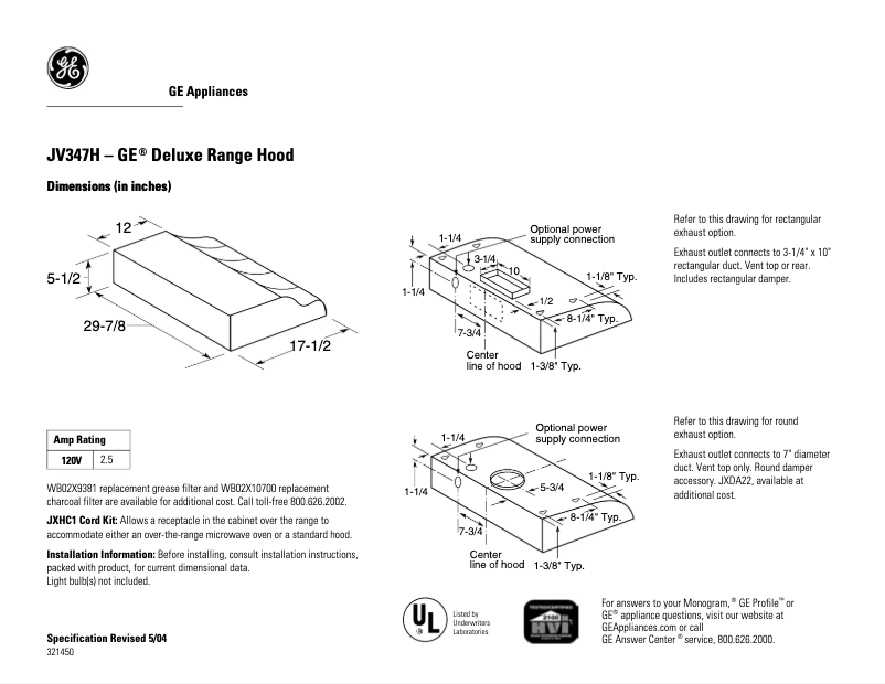 Page 1 of the manual Technical Sheet GE JV347HBB