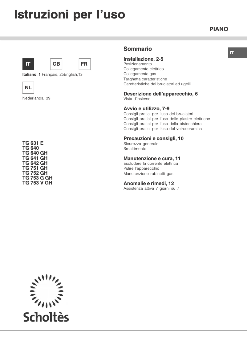 Page 1 de la notice Manuel utilisateur Scholtès TG 641 GH WH