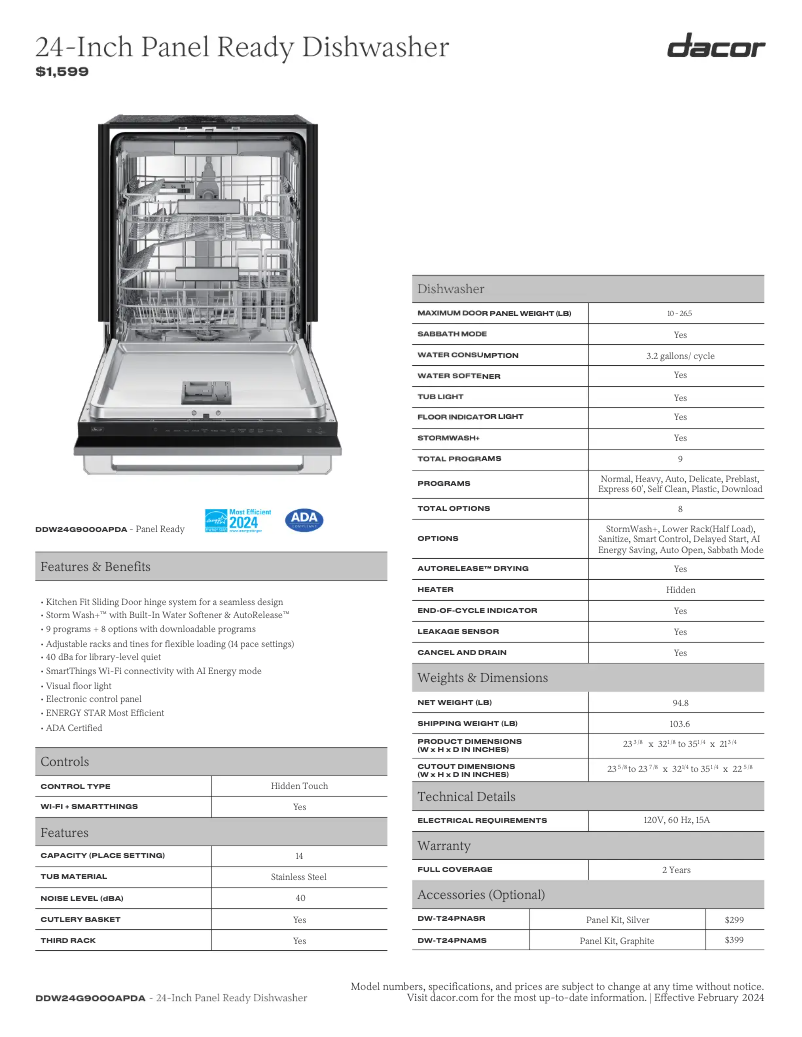 Page 1 de la notice Fiche technique Dacor DDW24G9000AP