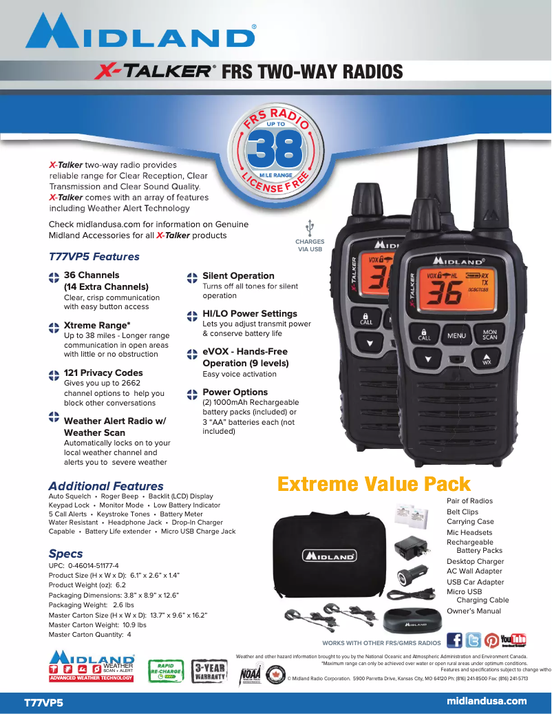 Page 1 de la notice Fiche technique Midland X-Talker T77VP5