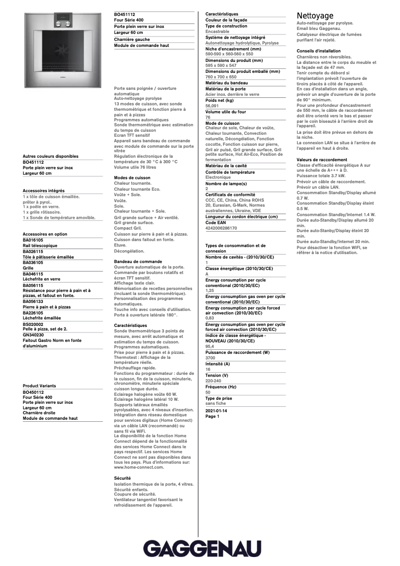 Page 1 de la notice Fiche technique Gaggenau BO451112