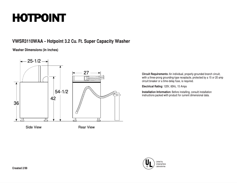 Page 1 de la notice Fiche technique Hotpoint VWSR3110WAA