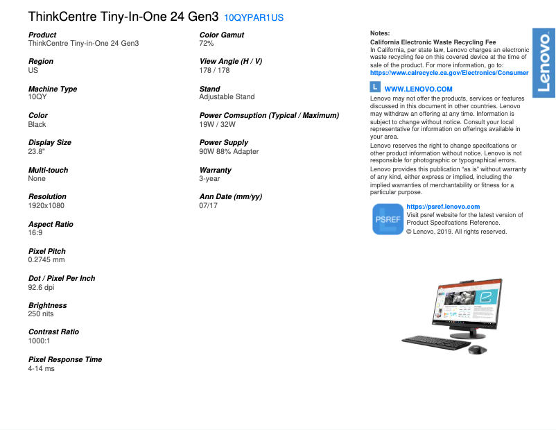 Page 1 de la notice Fiche technique Lenovo ThinkCentre Tiny-in-One 24