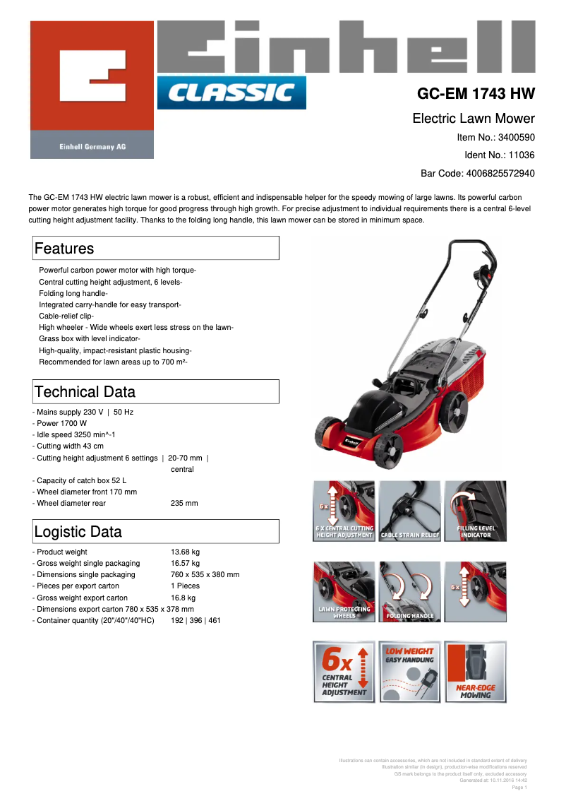 Page n°1 - Fiche technique Einhell GC-EM 1743 HW