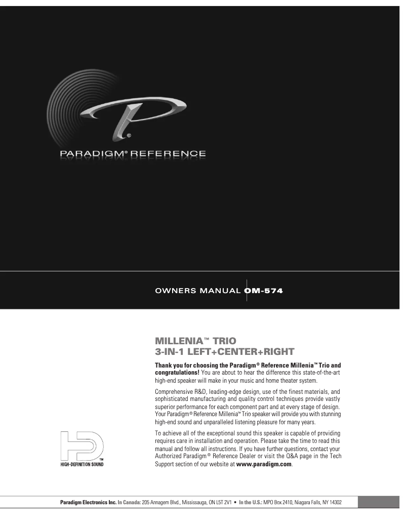 Page n°1 - Manuel utilisateur Paradigm Millenia 20 Trio