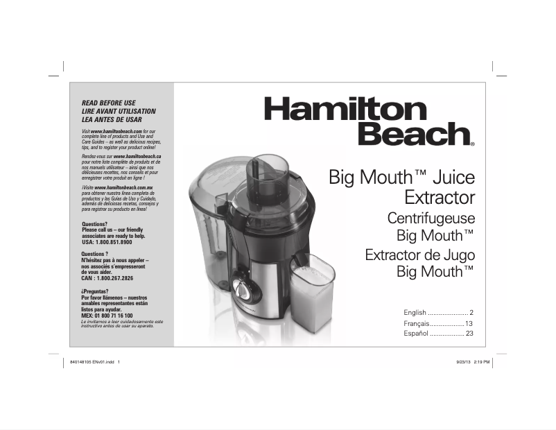 Page 1 de la notice Manuel utilisateur Hamilton Beach Big Mouth 67601A