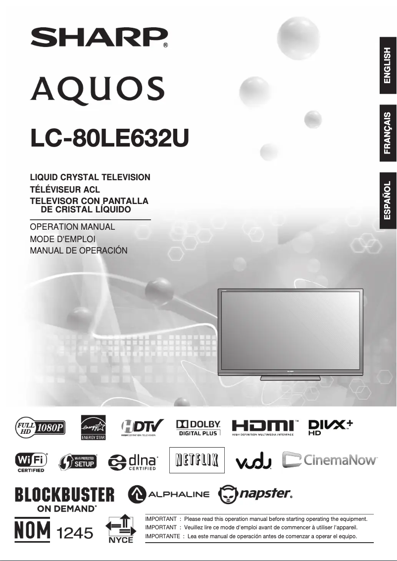 Image de la première page du manuel de l'appareil Aquos LC-80LE632U