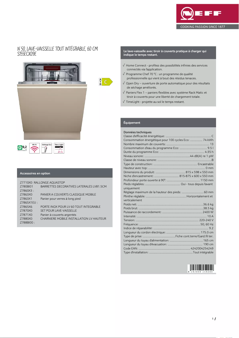 Page n°1 - Fiche technique Neff S155ECX09E