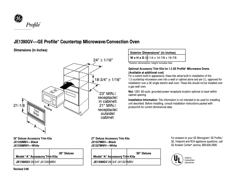 Page n°1 - Fiche technique GE Profile JE1390GV