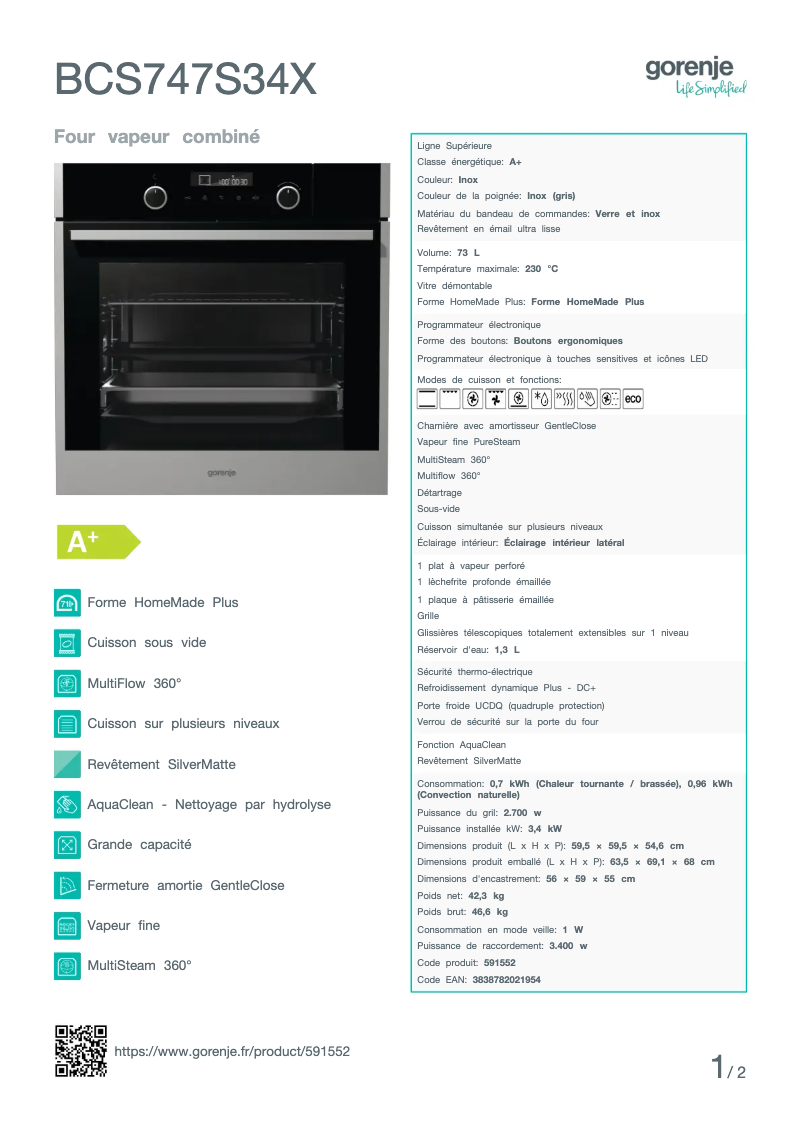 Page n°1 - Fiche technique Gorenje BCS747S34X