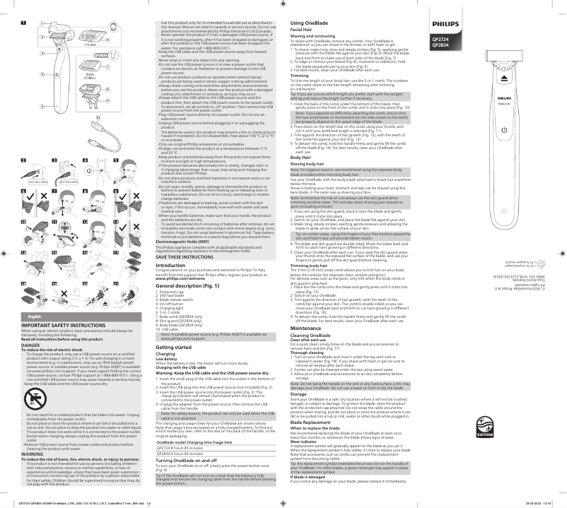 Page 1 of the manual User Manual Philips OneBlade 360 QP2734