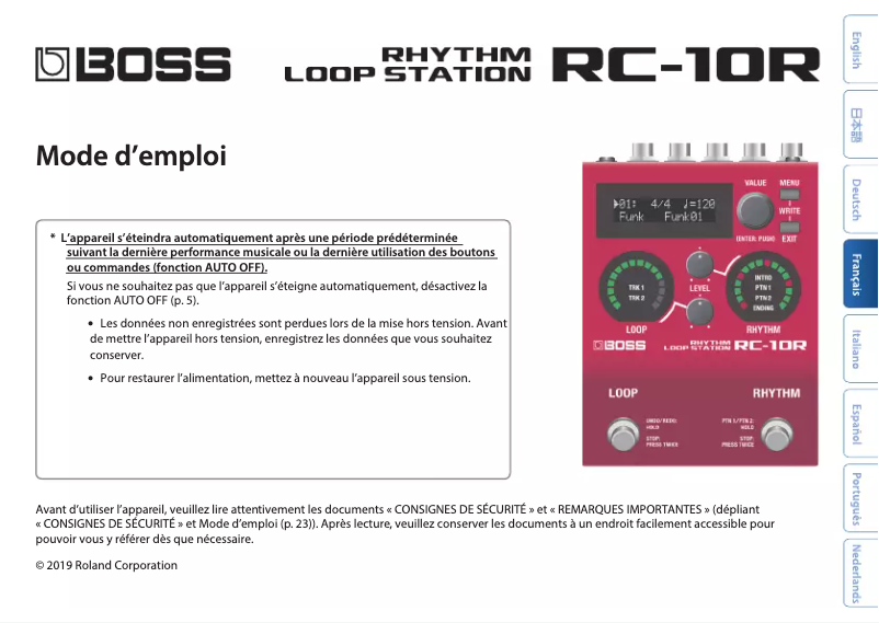 Page 1 de la notice Manuel utilisateur Boss RC-10R