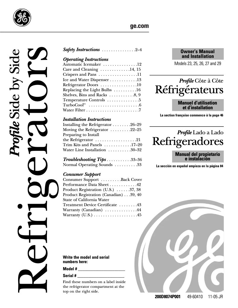 Page 1 de la notice Manuel d'utilisation et d'entretien GE CustomStyle GSC23LSQSS