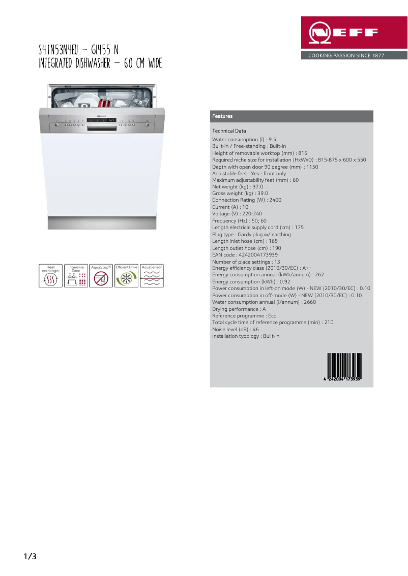 Page n°1 - Fiche technique Neff S41N53N4EU