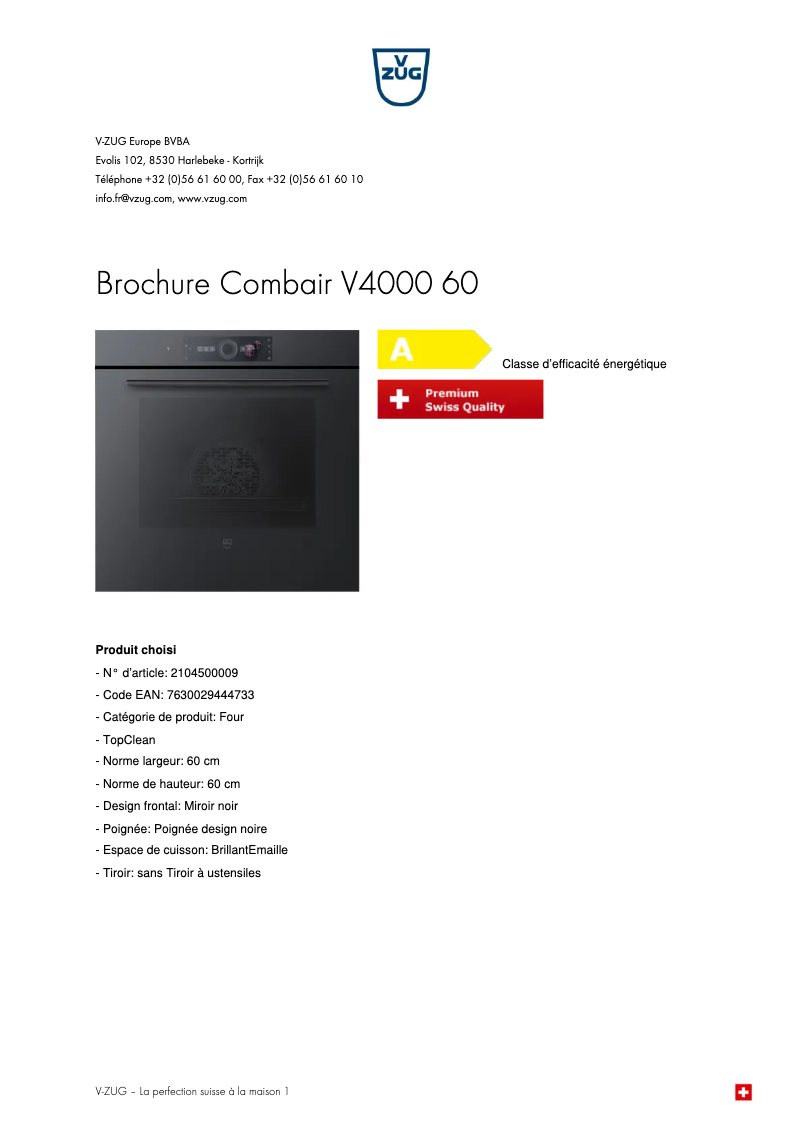 Page 1 de la notice Brochure V-Zug Combair V4000 60