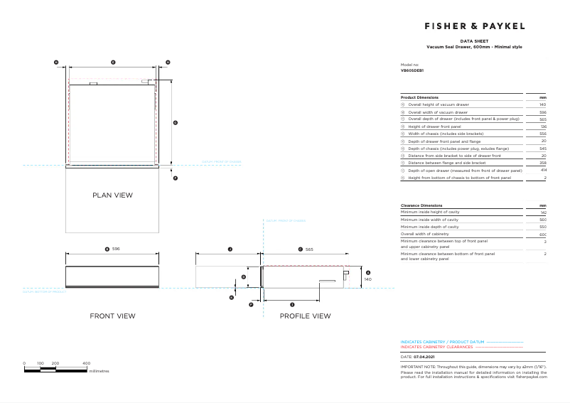 Página 1 del manual Ficha técnica Fisher & Paykel VB60SDEB1