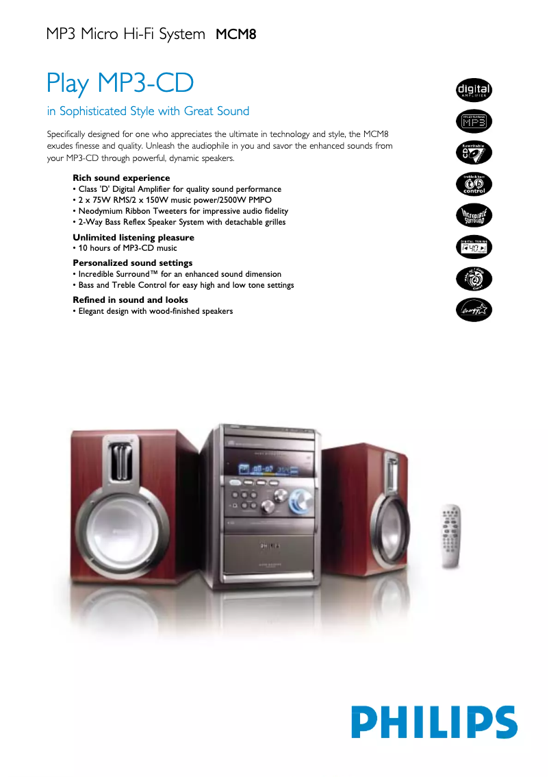 Page 1 de la notice Fiche technique Philips MCM8