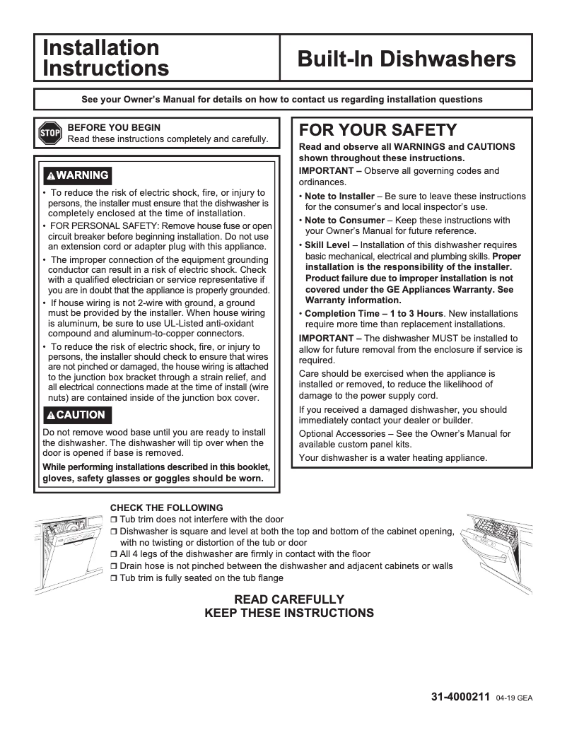 Page 1 de la notice Guide d'installation GE GSD4000KWW