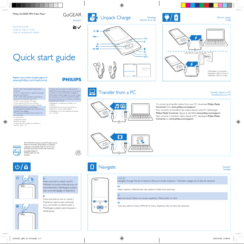 Page 1 de la notice Guide de démarrage rapide Philips GoGear SA5AZU