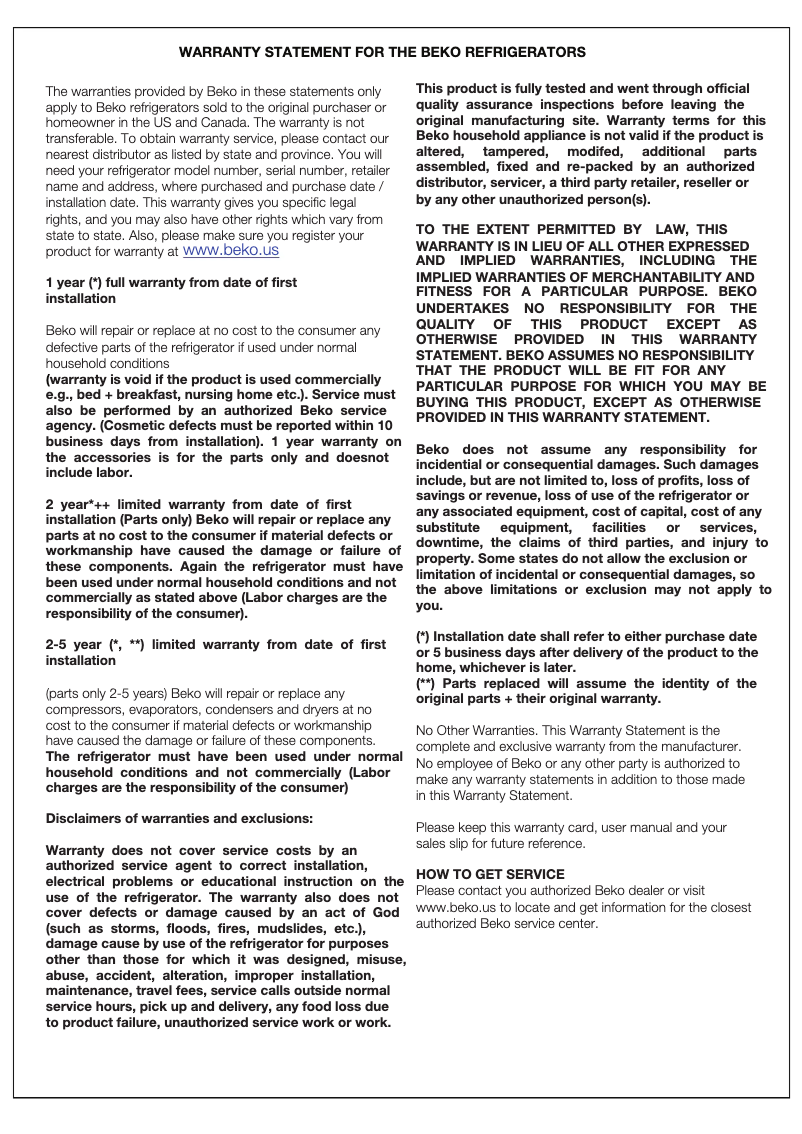 Page 1 de la notice Informations de garantie Beko BFBF3018SS