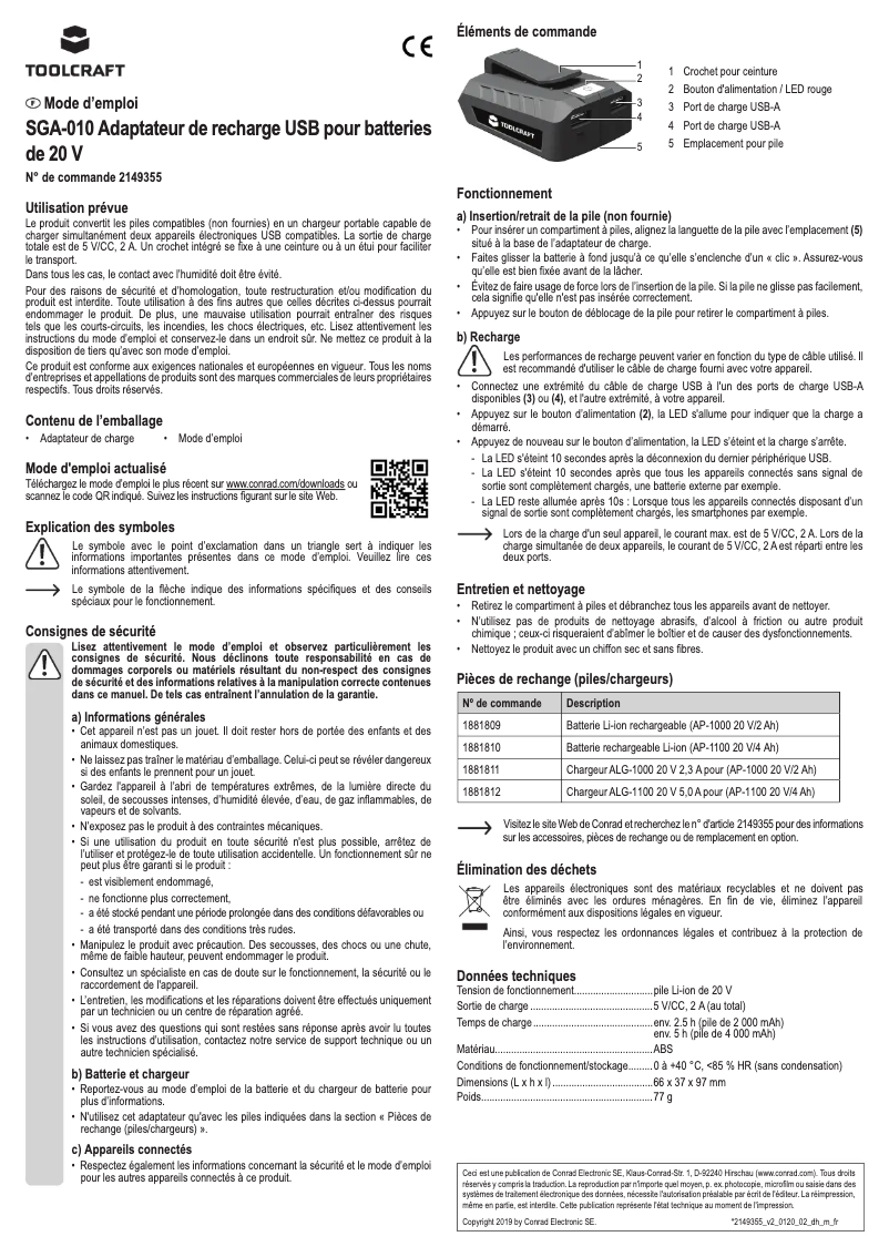 Page 1 de la notice Manuel utilisateur Toolcraft SGA-010