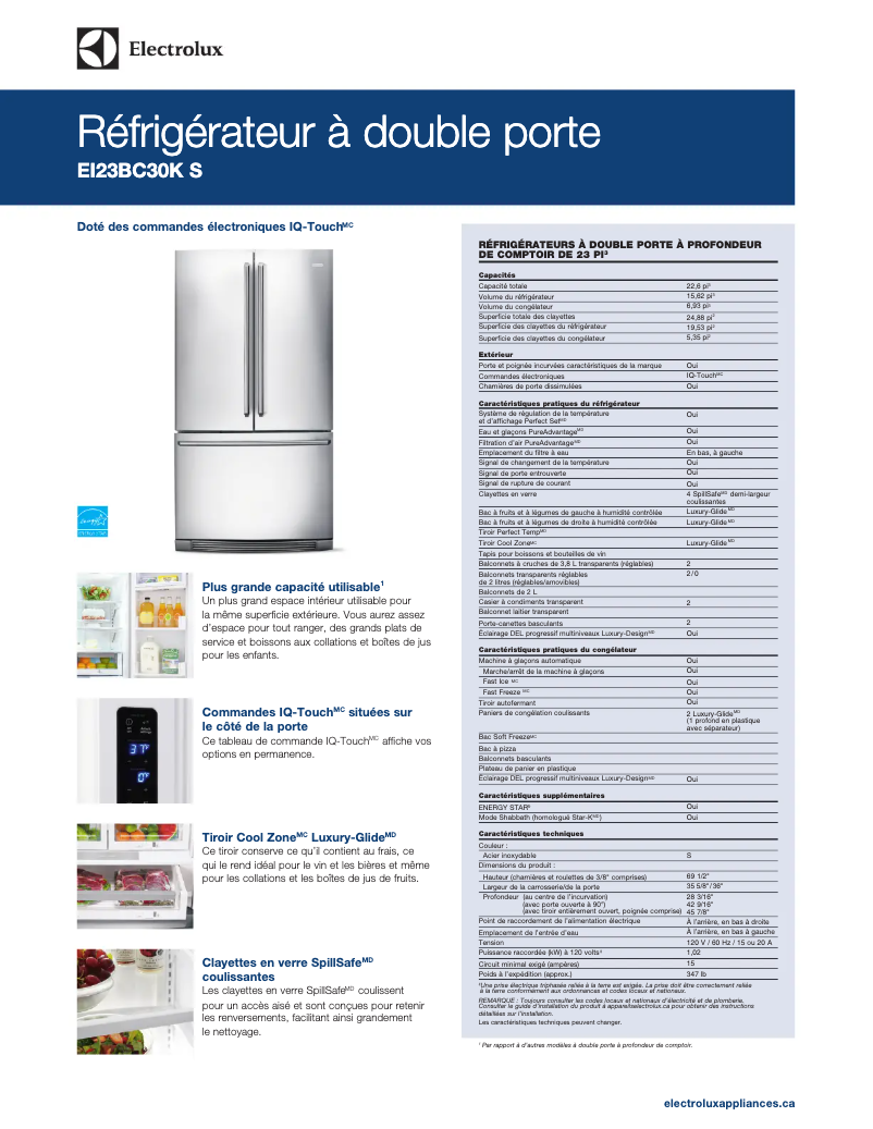Page 1 de la notice Fiche technique Electrolux EI23BC30KS