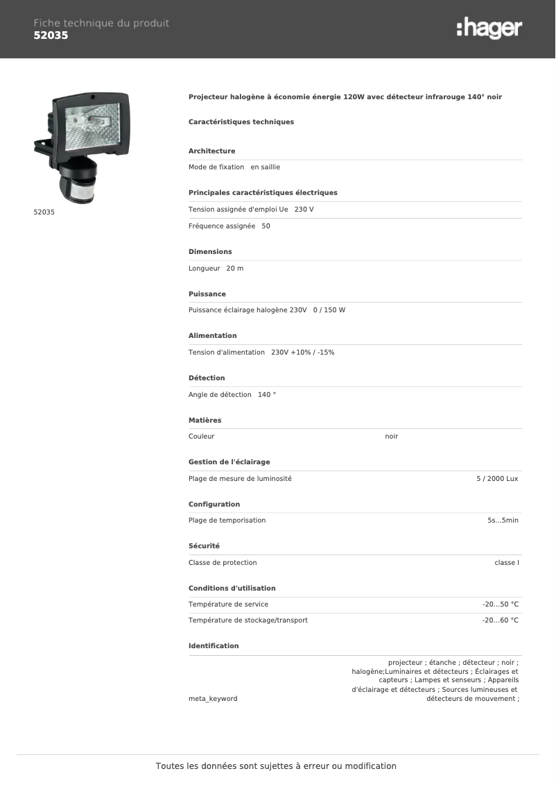 Page n°1 - Fiche technique Hager 52035