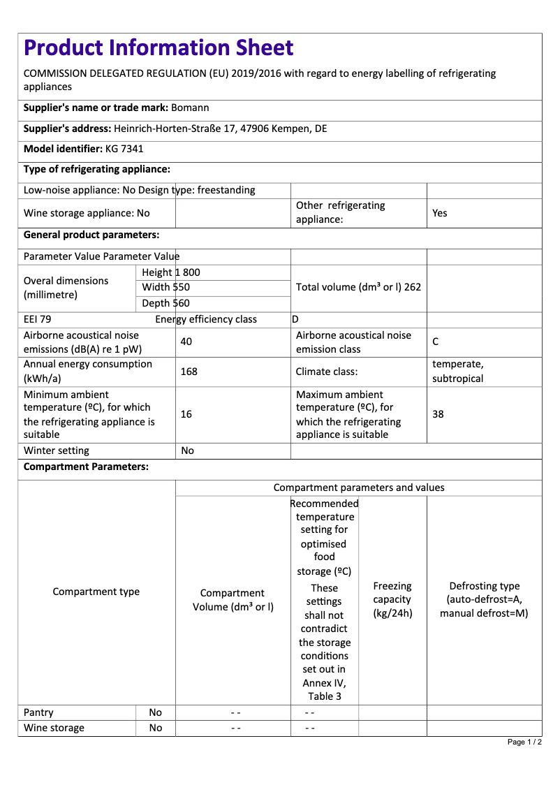 Page 1 de la notice Fiche technique Bomann KG 7341