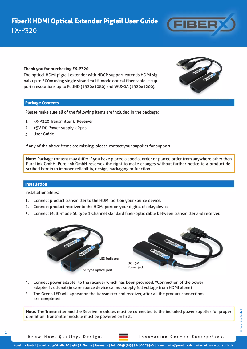 Page 1 of the manual User Manual PureLink FX-P320