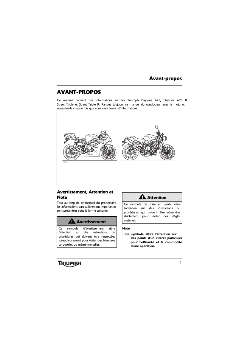 Page 1 de la notice Manuel utilisateur Triumph Daytona 675 (2011)