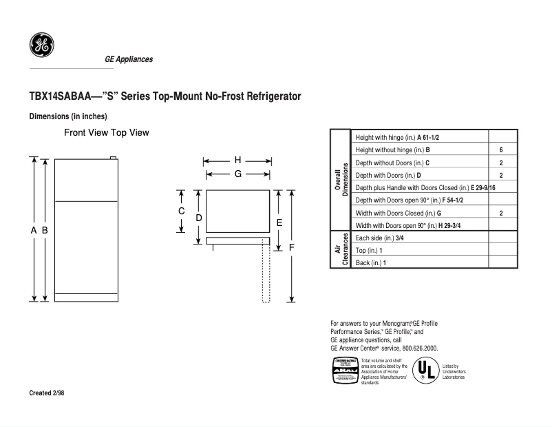 Page n°1 - Fiche technique GE TBX14SABRAA