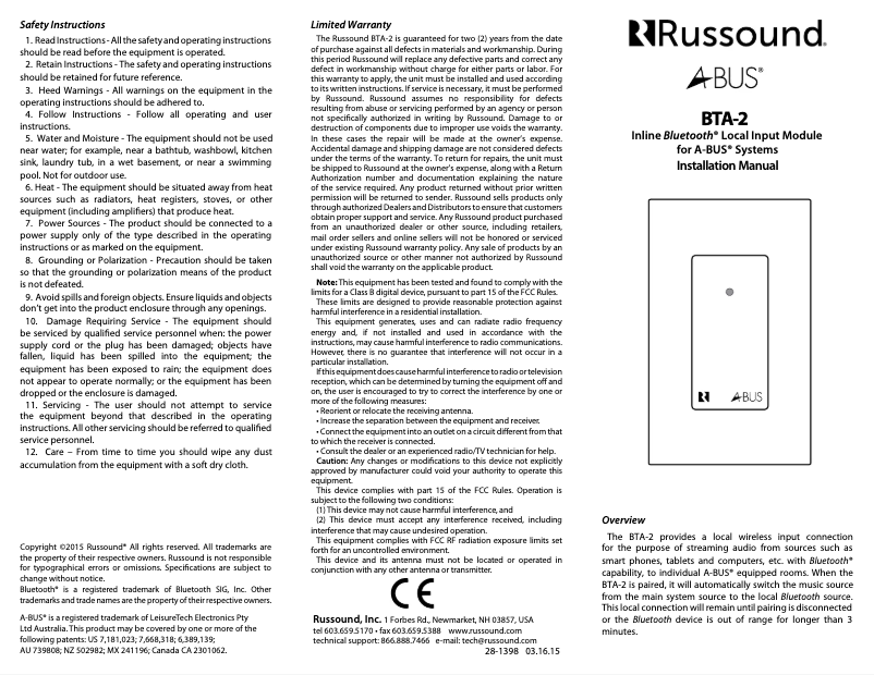 Page 1 de la notice Manuel utilisateur Russound BTA-2