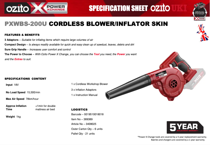 Page n°1 - Fiche technique Ozito PXWBS-200U