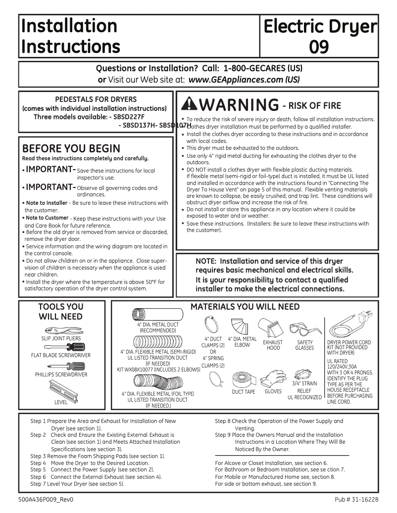 Page n°1 - Guide d'installation GE DCVH515EFWW
