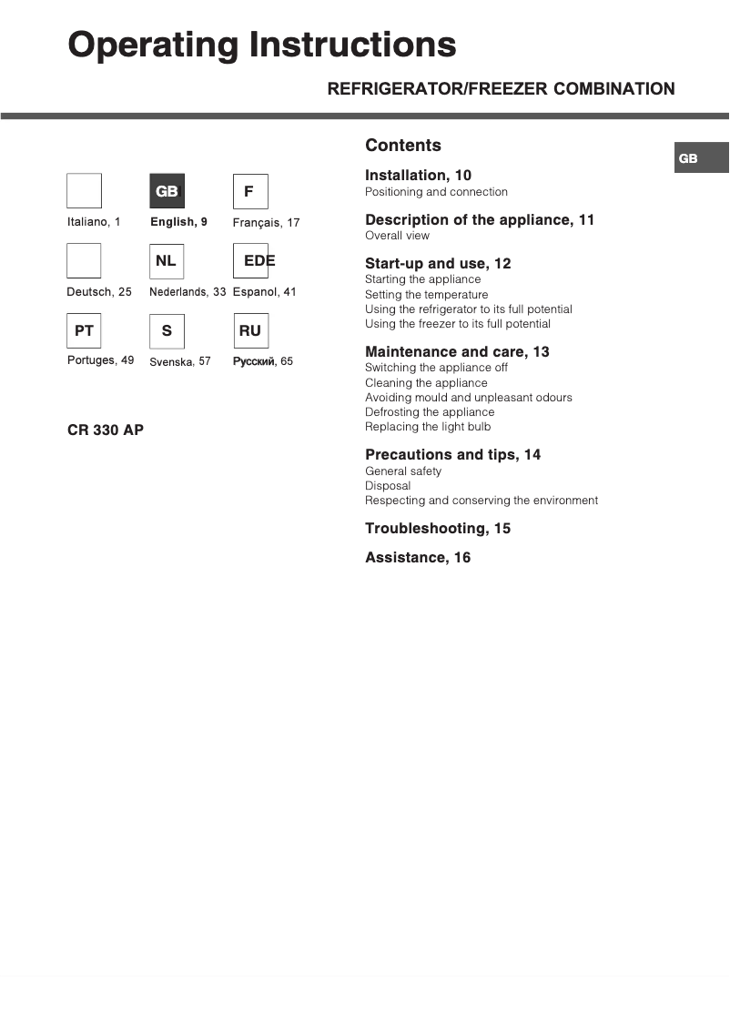 Page 1 de la notice Manuel utilisateur Smeg CR330AP