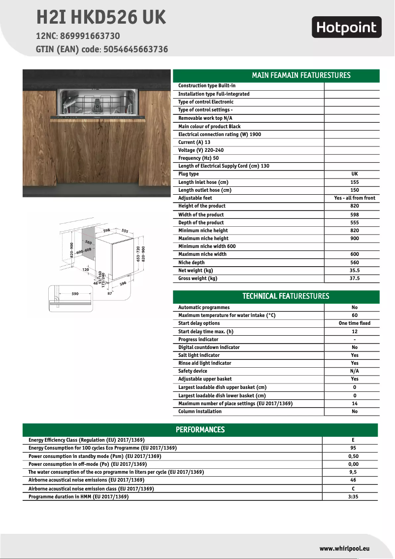 Page n°1 - Fiche technique Hotpoint H2I HKD526 UK