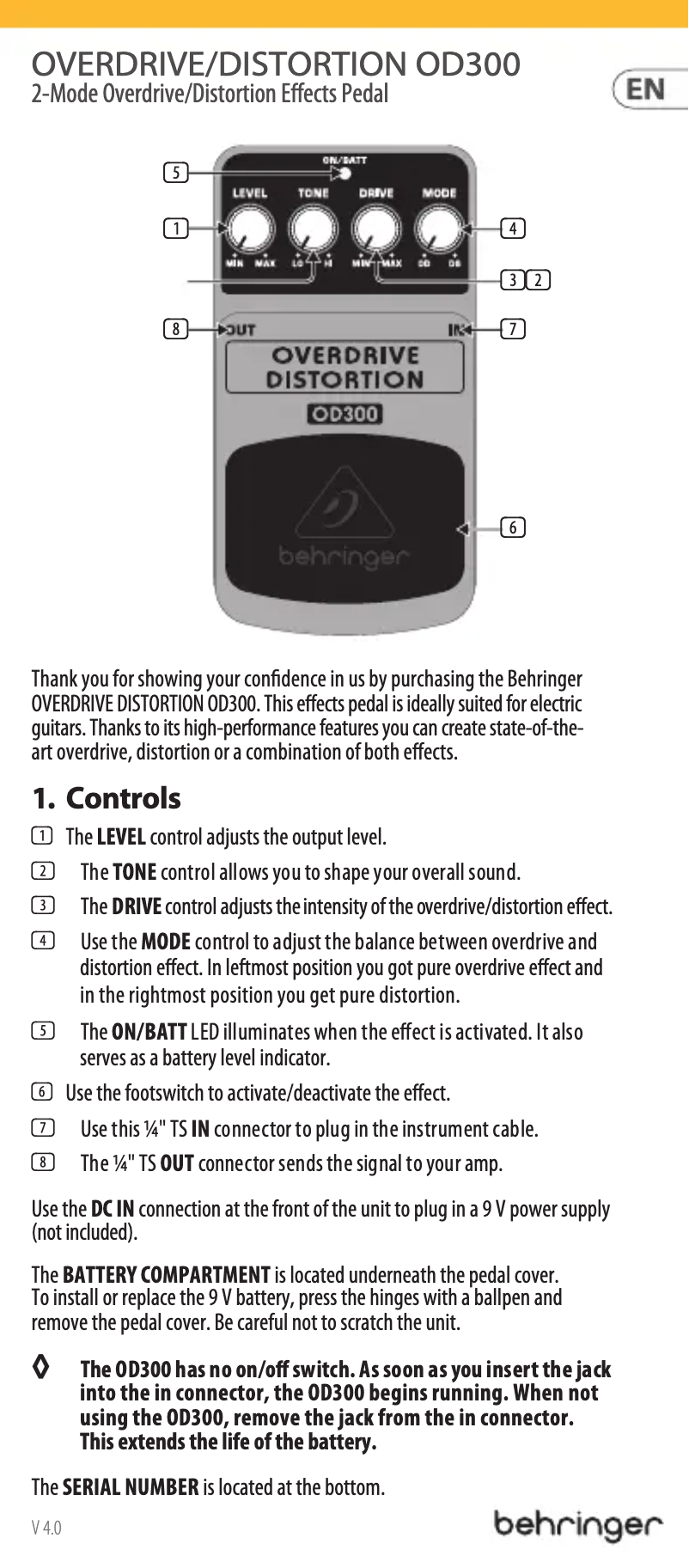 Image de la première page du manuel de l'appareil Overdrive Distortion OD300