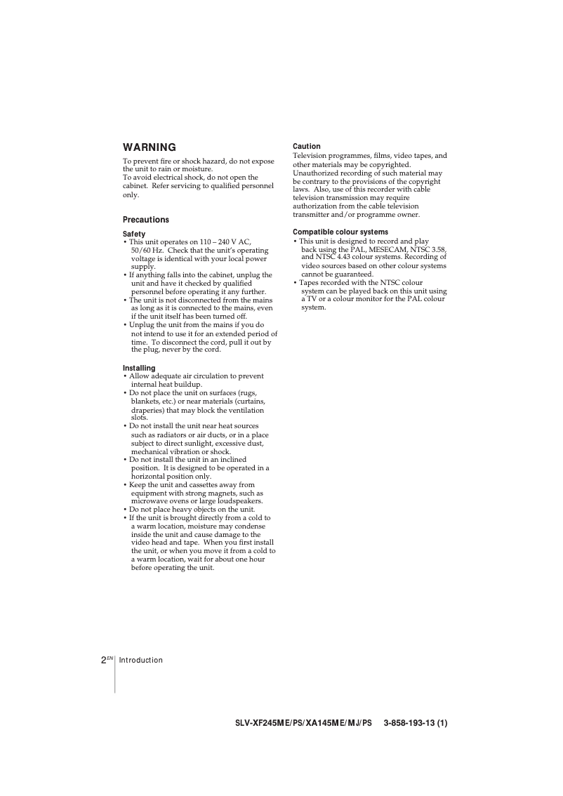 Page n°1 - Manuel utilisateur Sony SLV-XA145PS