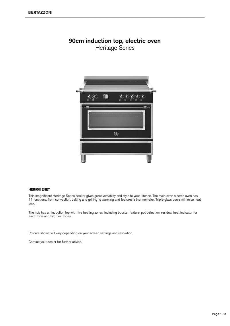 Page 1 de la notice Fiche technique Bertazzoni HER95I1ENET