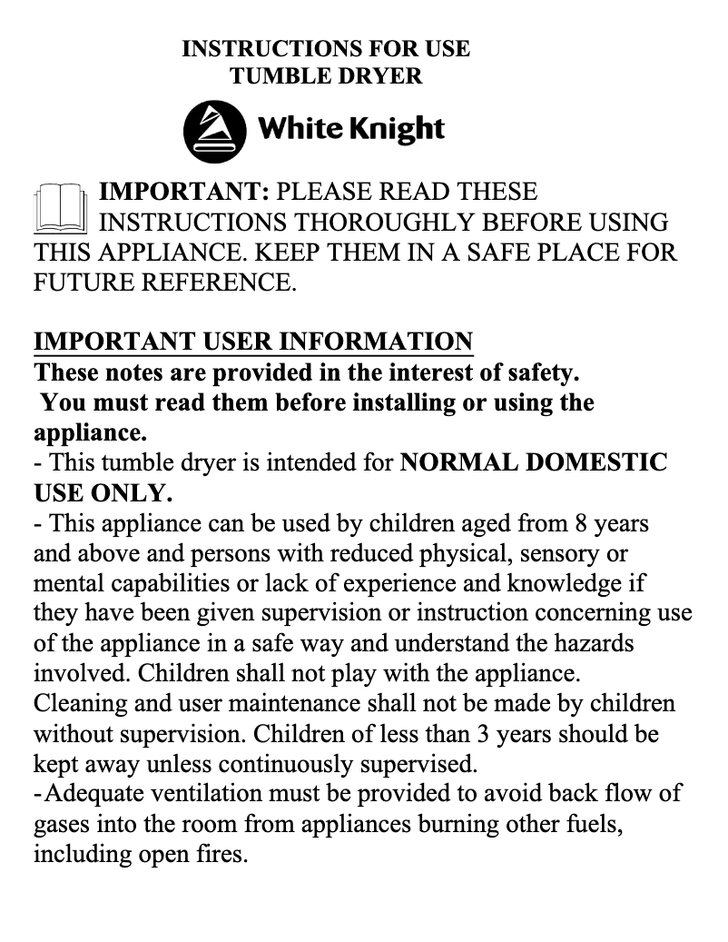 Page 1 de la notice Manuel utilisateur White Knight C37AW-S