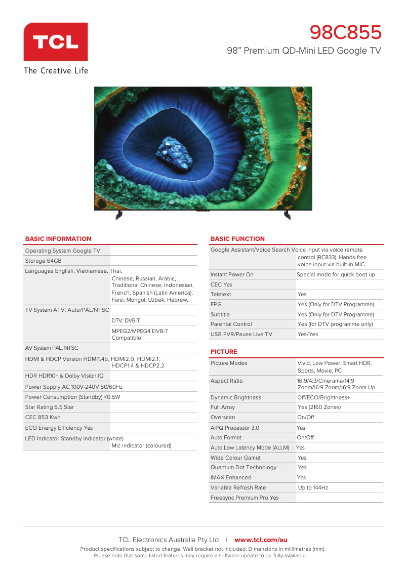 Page 1 de la notice Fiche technique TCL 98C855