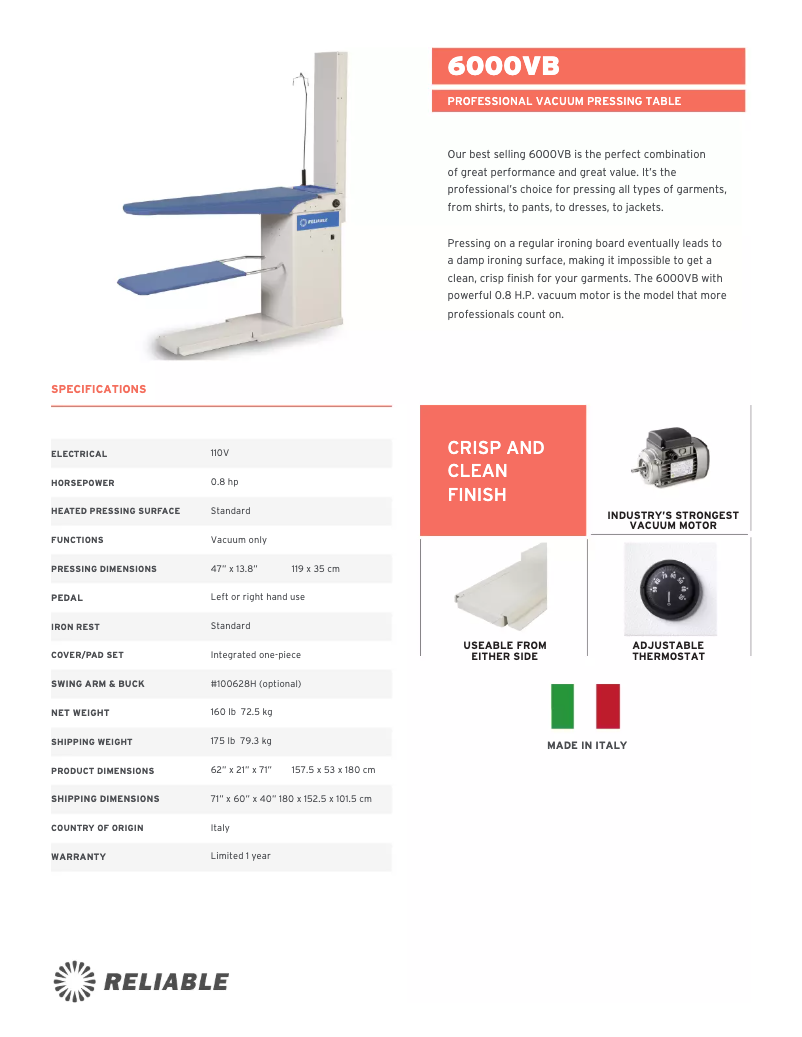 Page 1 de la notice Fiche technique Reliable 6000VB