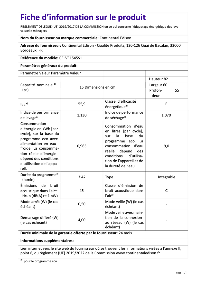 Page n°1 - Label énergétique Continental Edison CELVE1545S1
