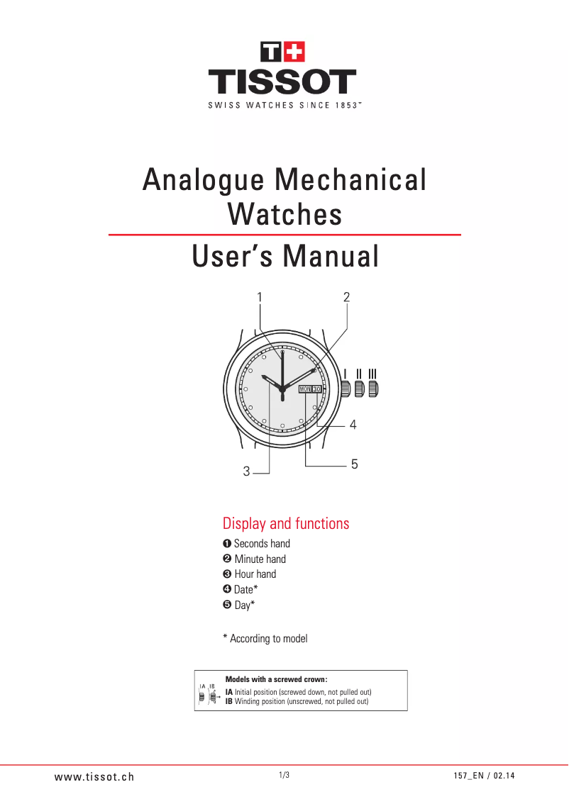 Page 1 de la notice Manuel utilisateur Tissot T-One
