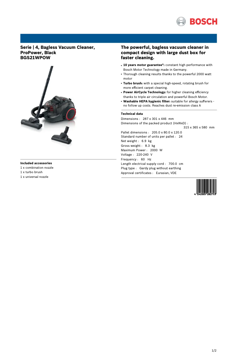 Página 1 del manual Ficha técnica Bosch BGS21WPOW