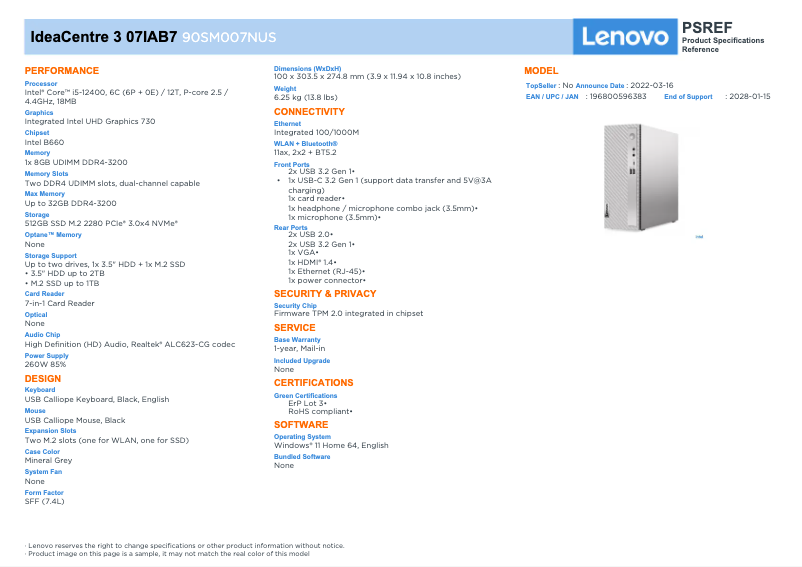 Page n°1 - Fiche technique Lenovo IdeaCentre 3